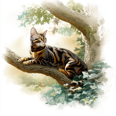 Chatrane, le chat aux yeux d'or, allongé sur une branche